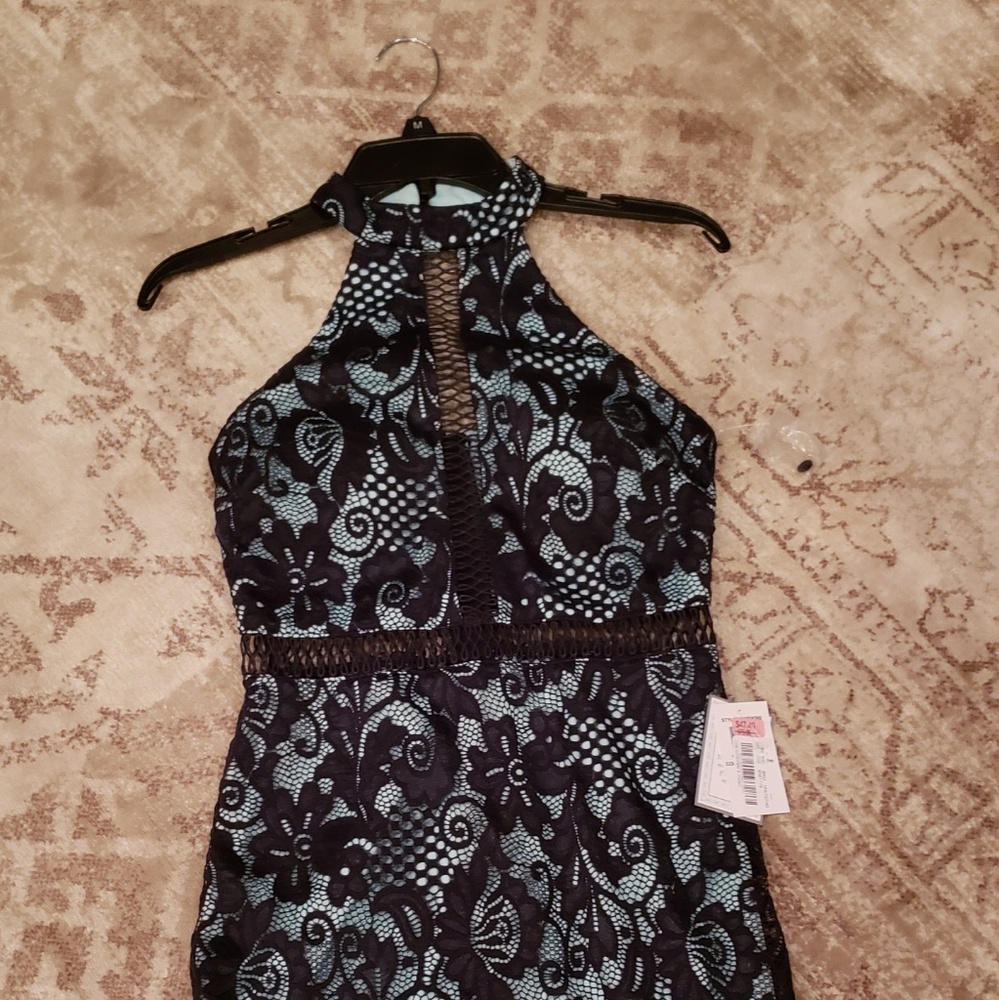 Navy lace dress with Teal underlay